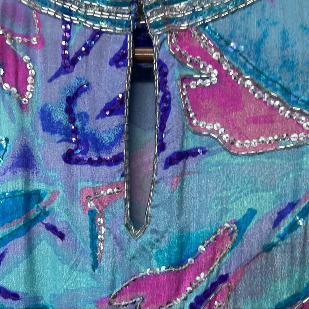 Neiman Marcus vintage beaded midi maxi length colorful silk dress size medium